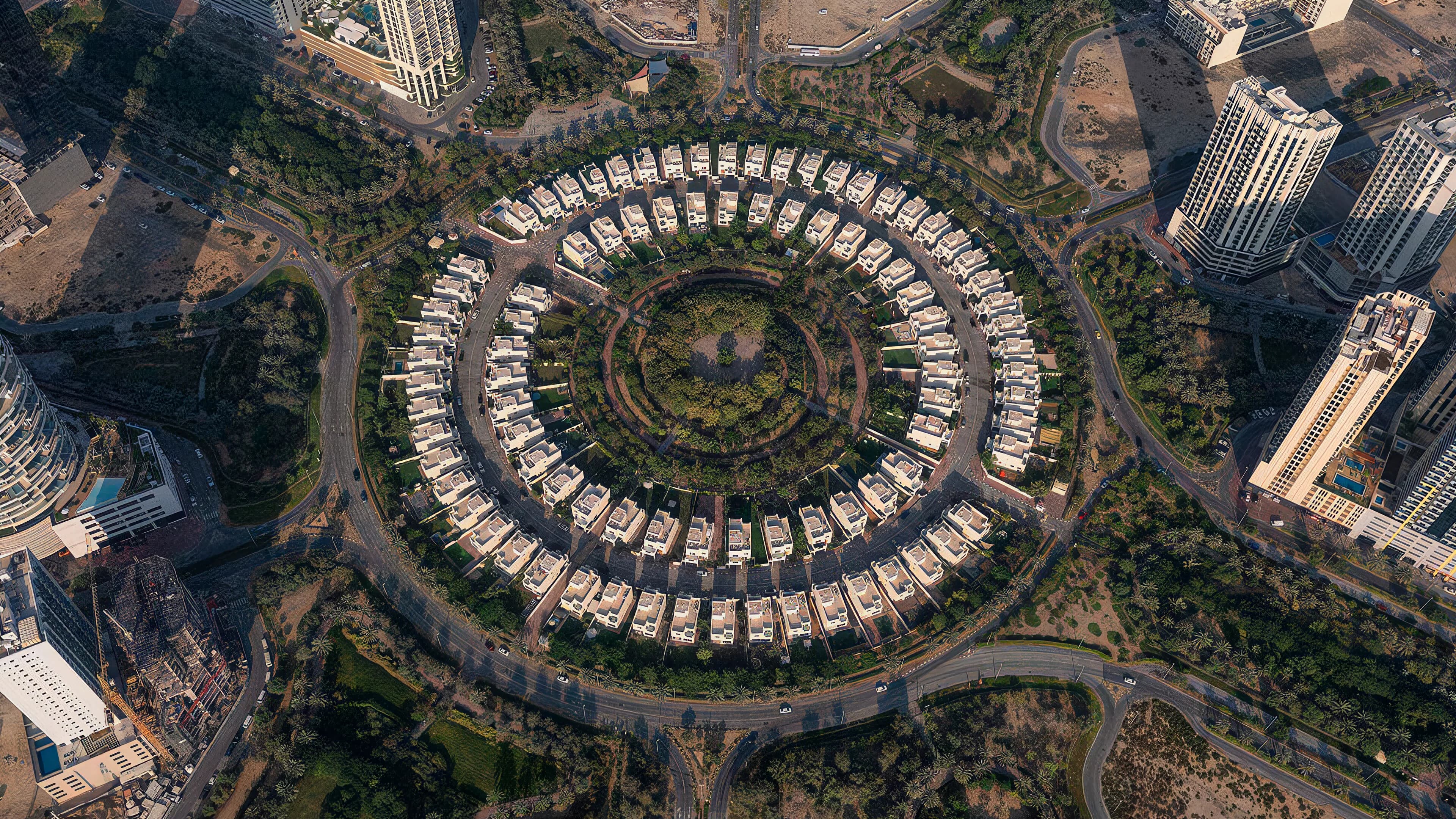 Jumeirah Village Circle villas, parks and surrounding towers in Nakheel's aerial photograph