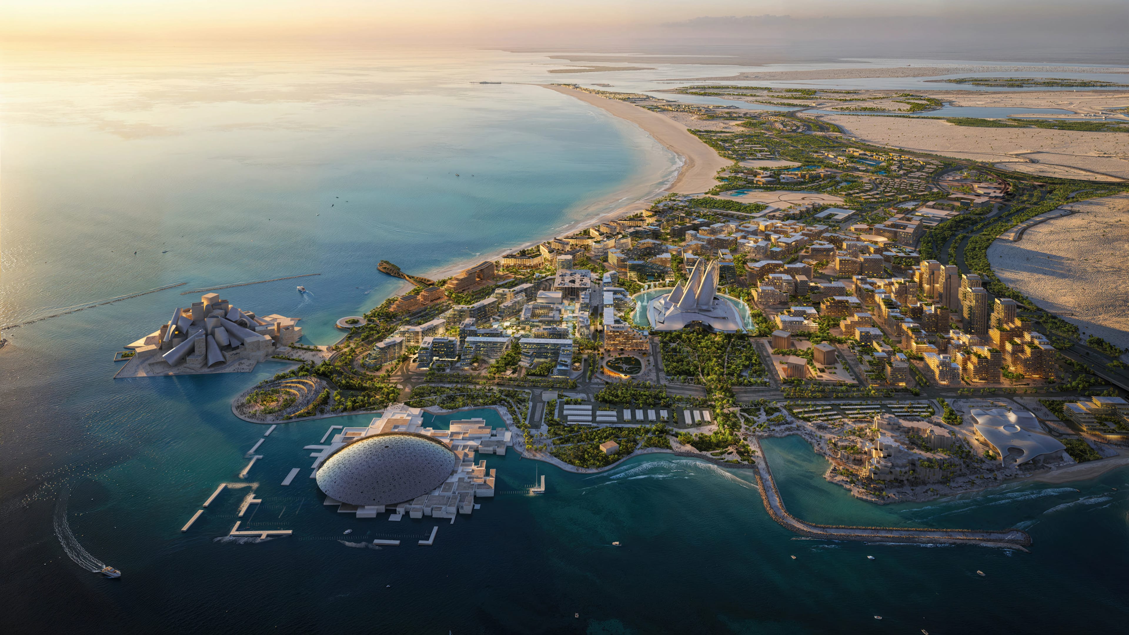 Aldar aerial visualisation of Saadiyat Cultural District, its museums and waterfront neighbourhoods