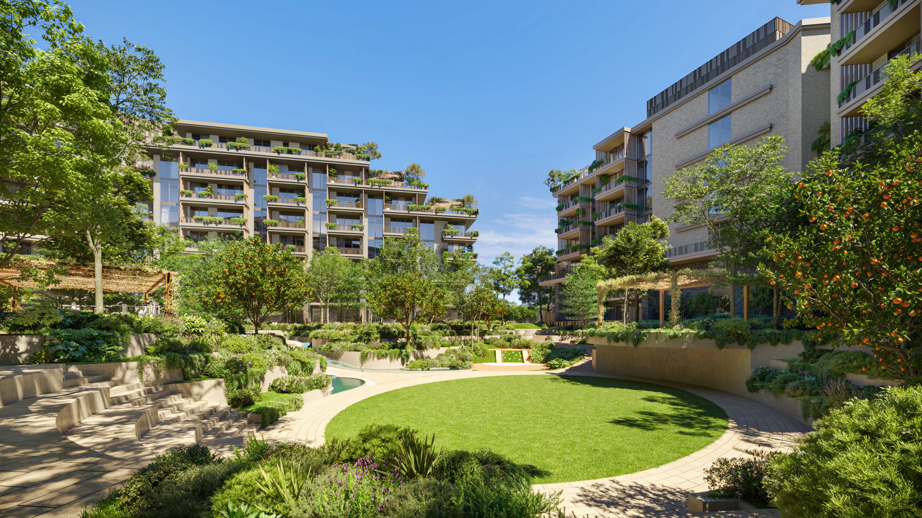 Official Arancia courtyard render with landscaped seating