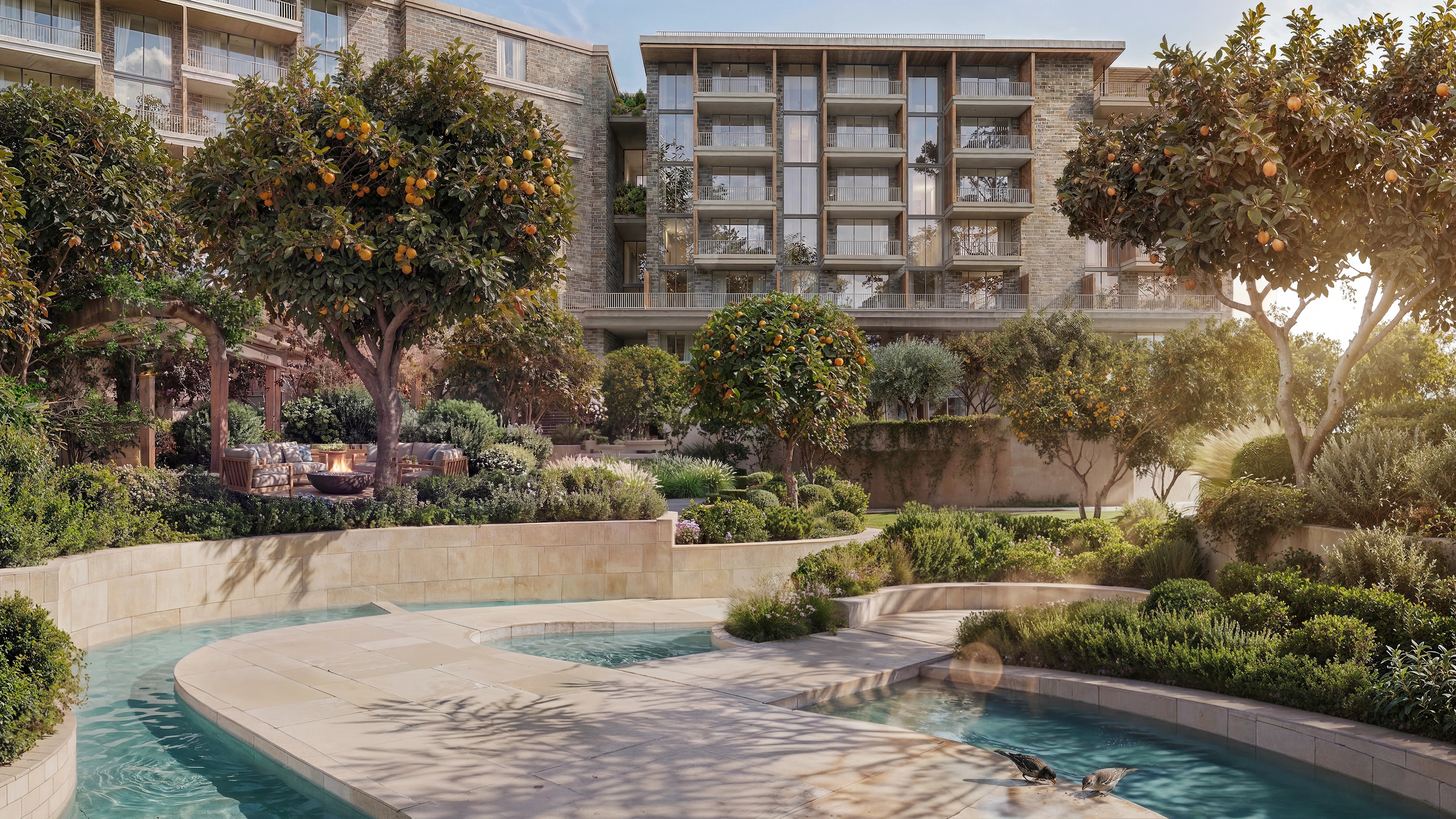 Official Arancia courtyard render with cascading water feature
