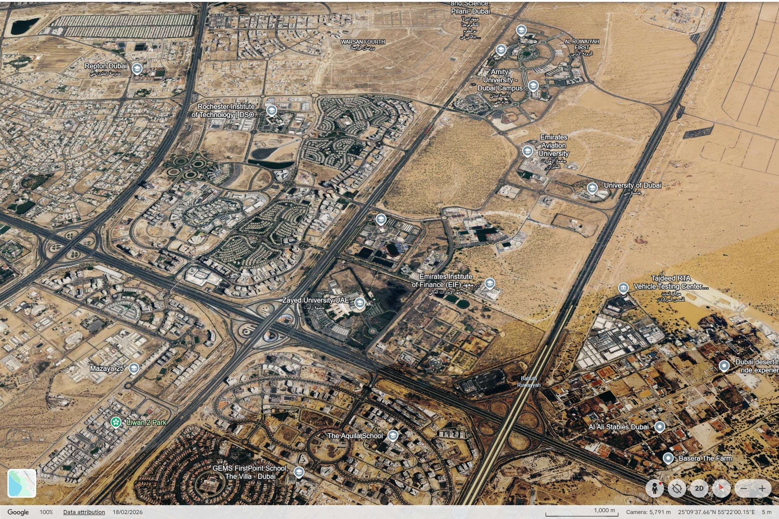 Satellite context of Dubai's education and technology corridor around Academic City and Silicon Oasis
