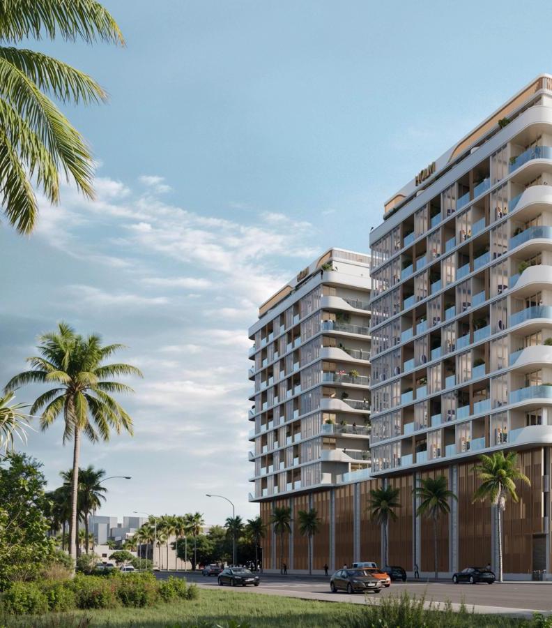 HOLM Central project visualisation showing its curved residential buildings from the street