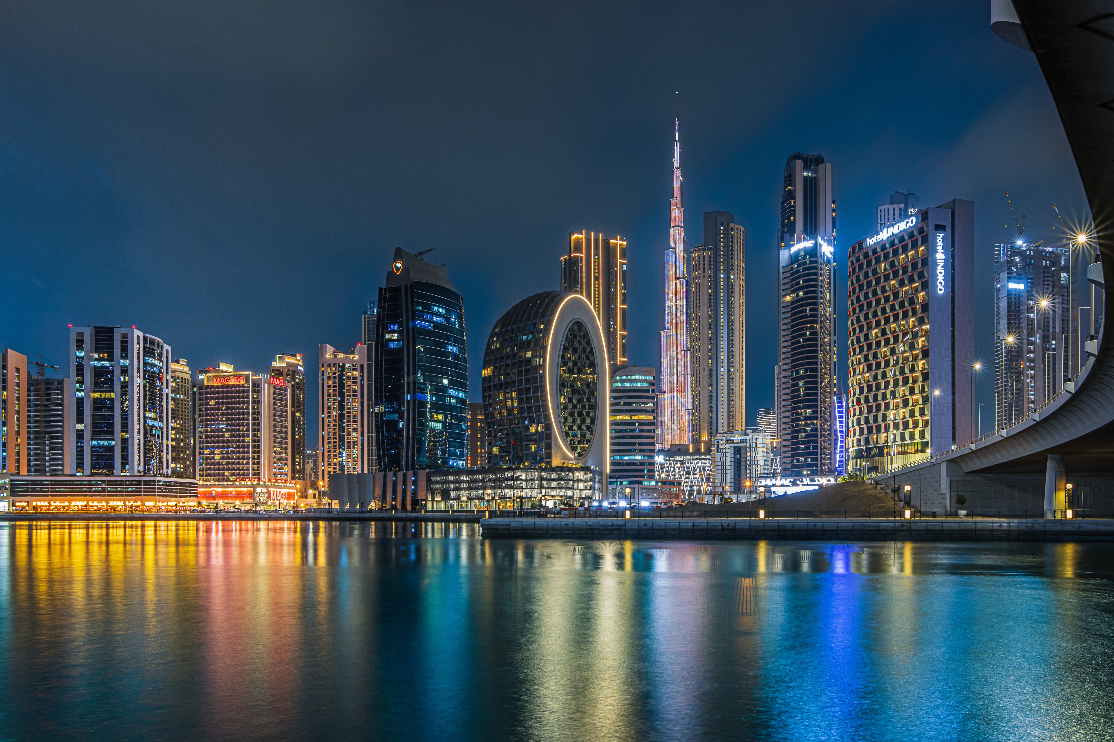 Real night photograph of Dubai Water Canal and Business Bay