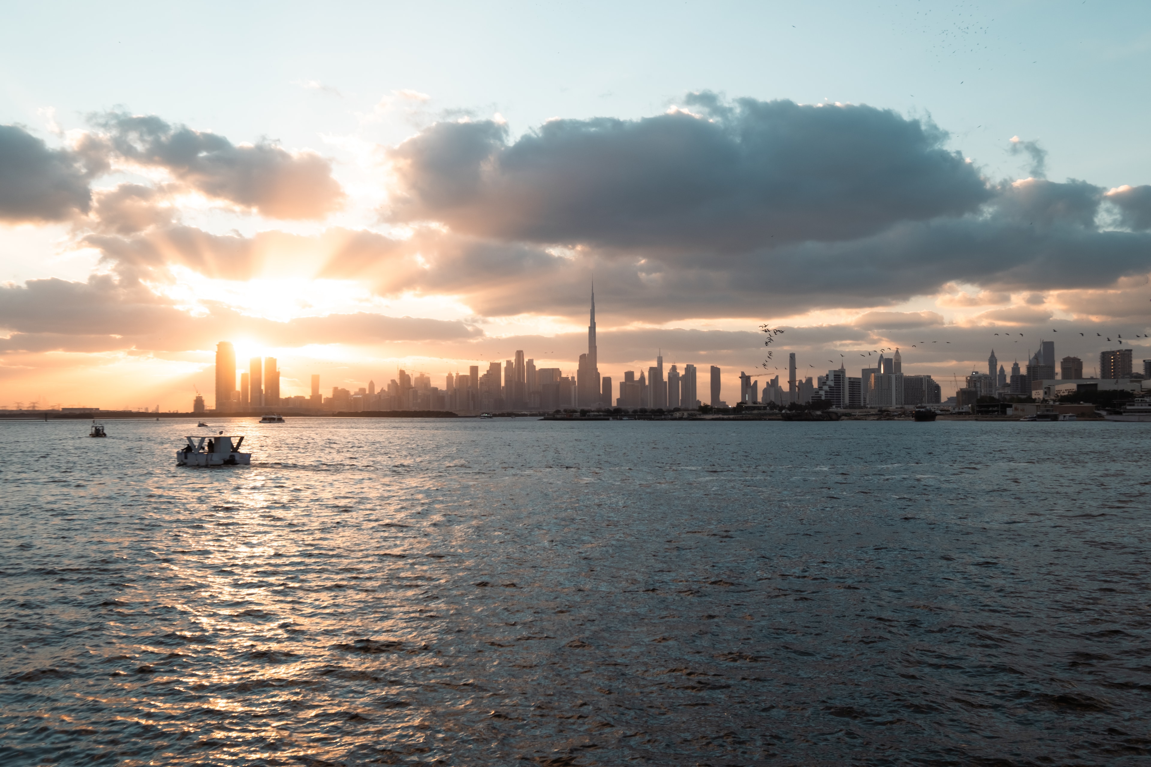 Dubai waterfront and skyline photographed at golden hour