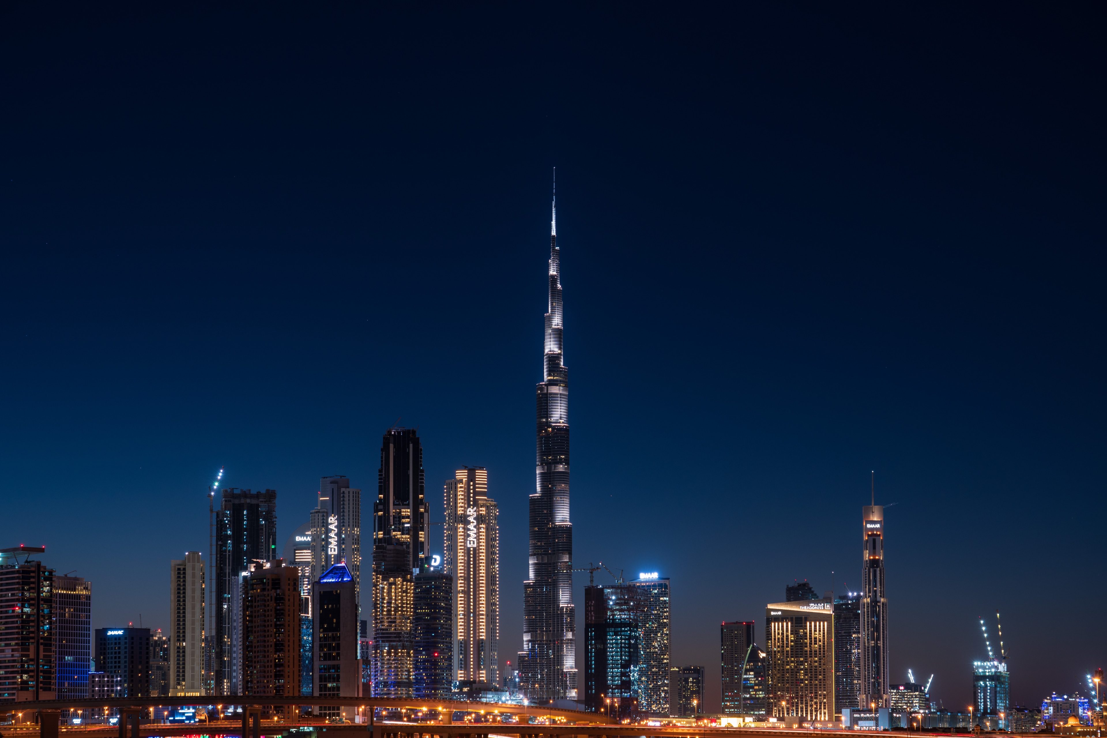 Real night photograph of the Burj Khalifa and Downtown Dubai skyline