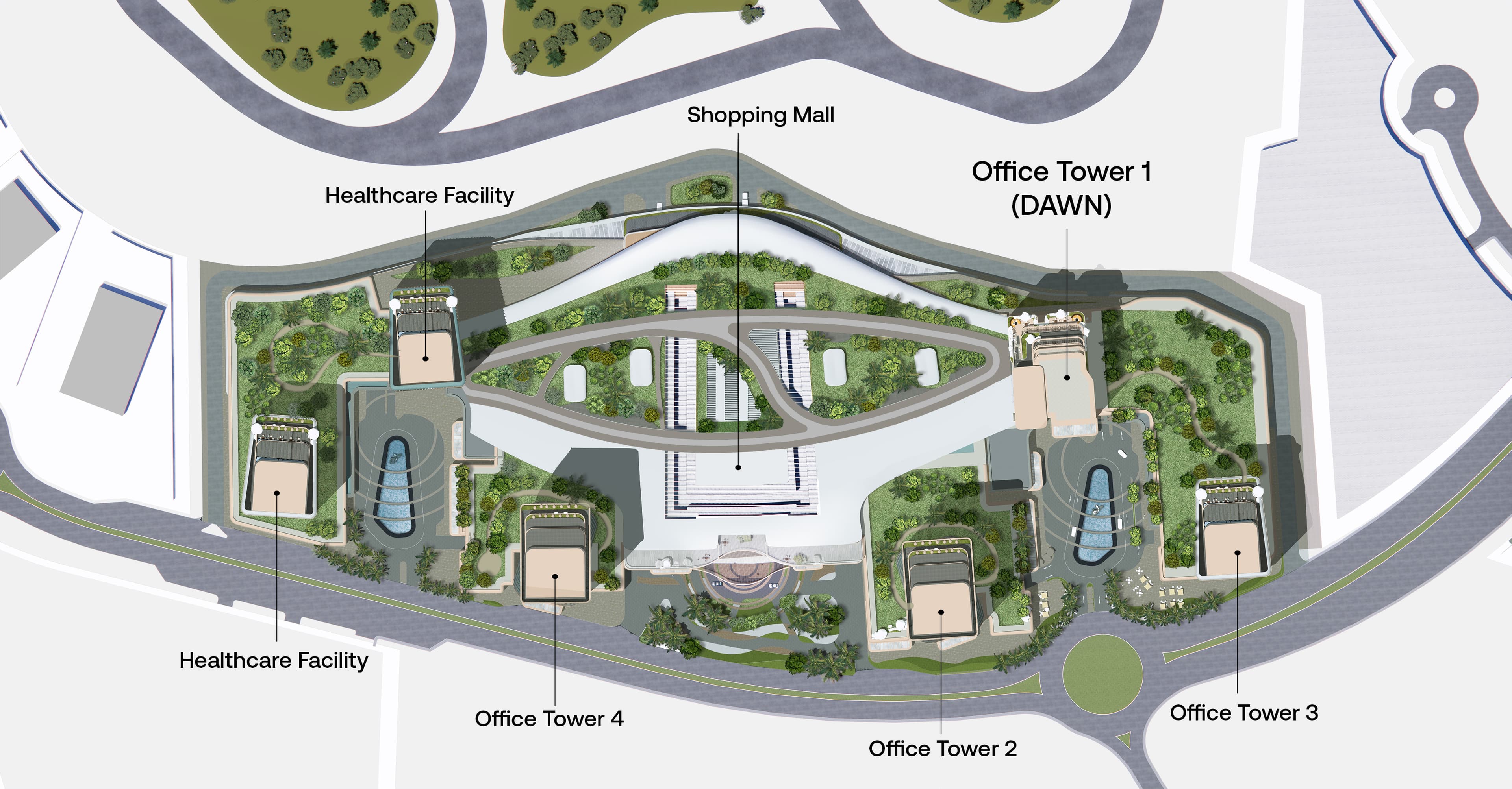 O1NE District · developer masterplan with DAWN identified as Office Tower 1.