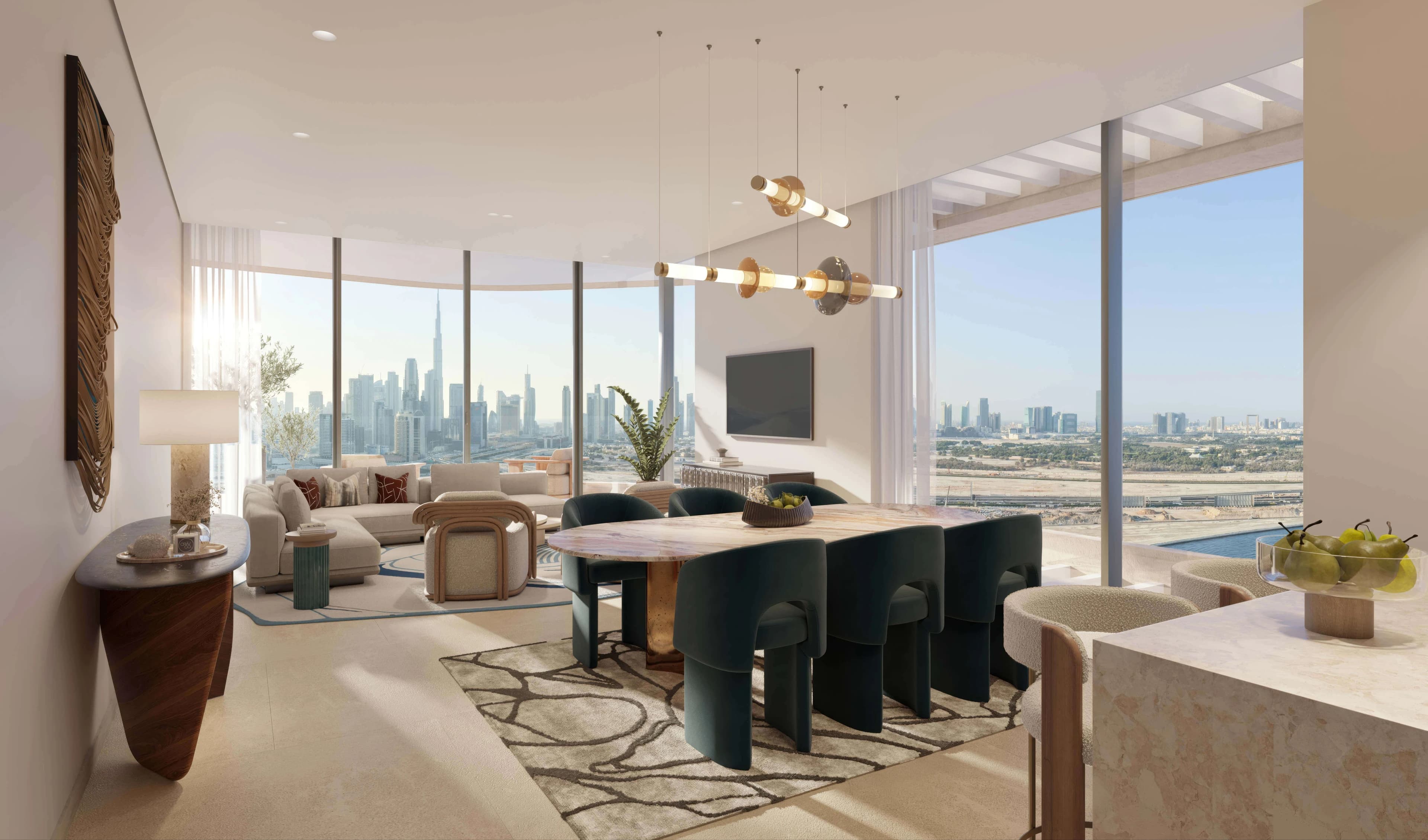 Artistry One living and dining room opening towards the Dubai skyline