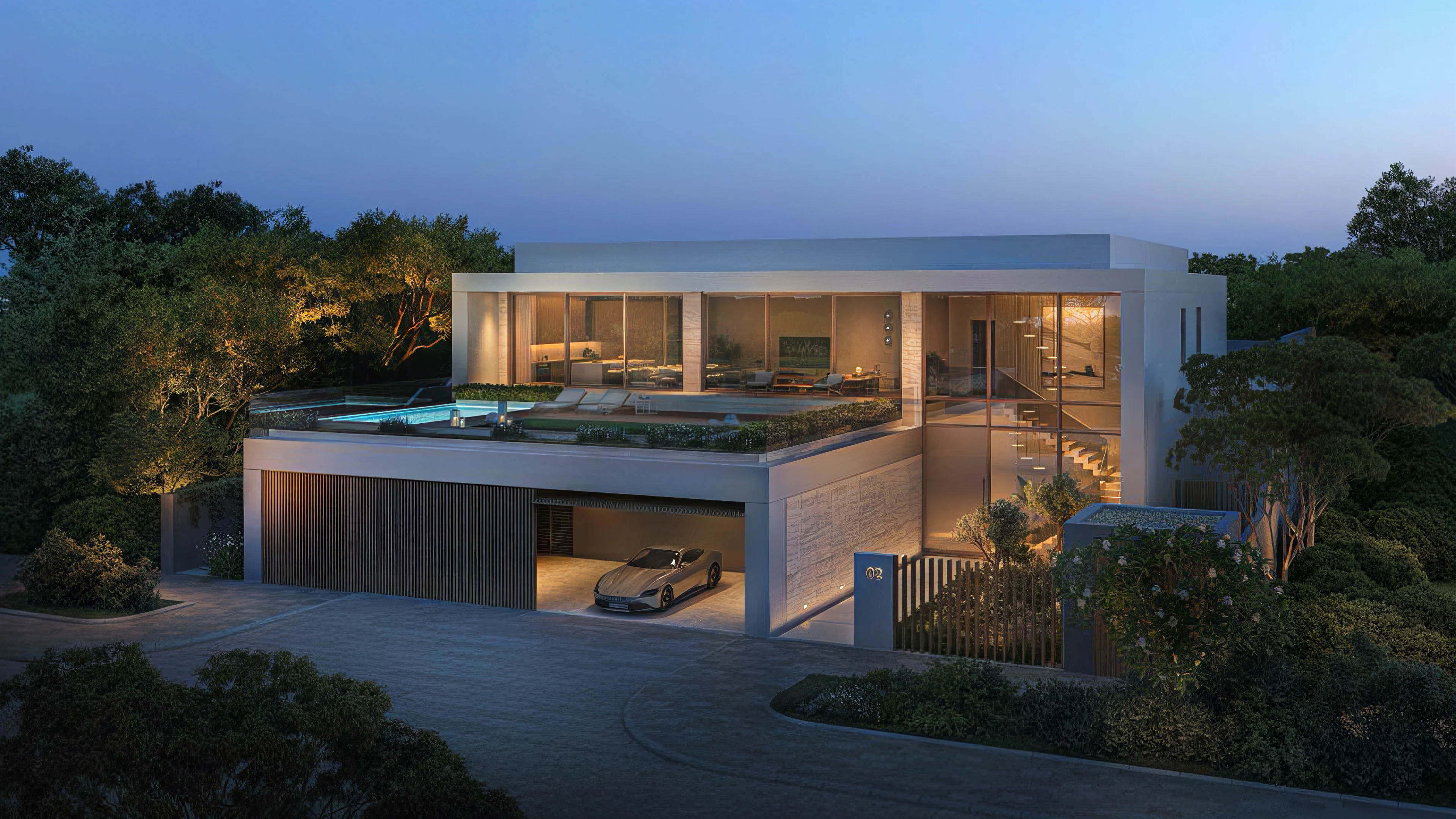 ORA Sunray developer visualisation showing the entrance, lower garage and upper living level with terrace