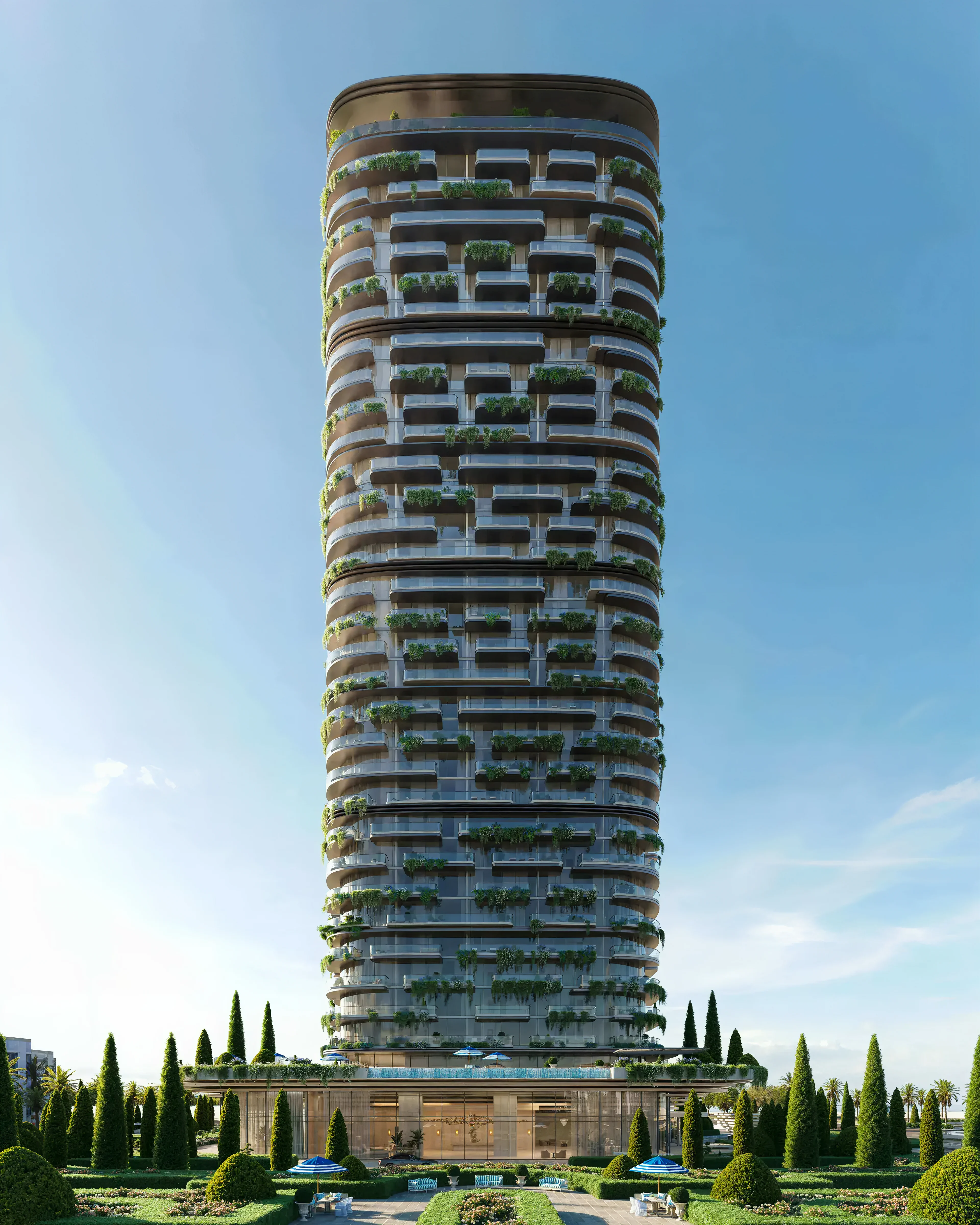 Le Château tower with alternating white and bronze balconies
