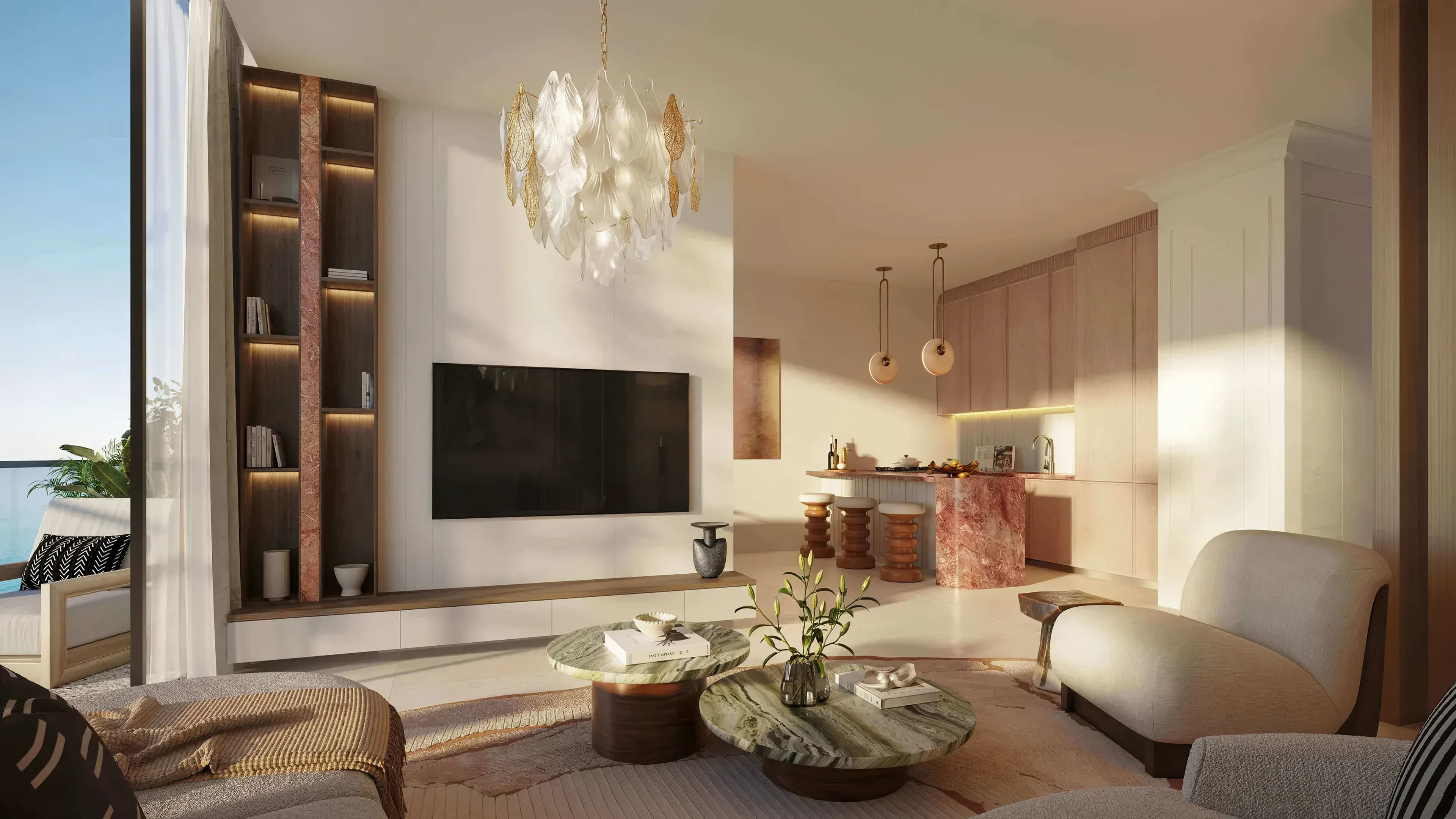 Le Château apartment living room and kitchen