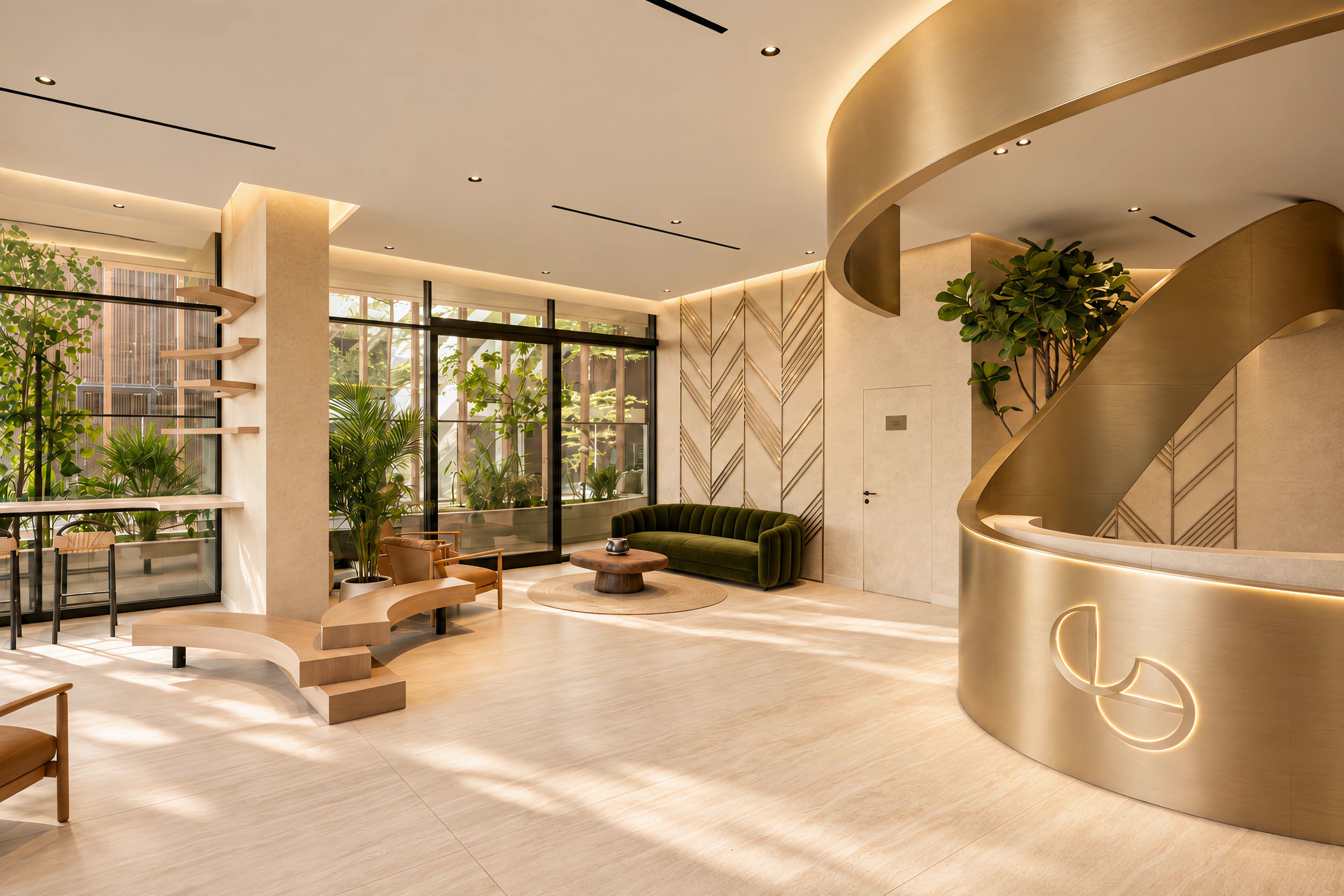 Elemental 78 developer image showing the lobby, seating and planted courtyard beyond