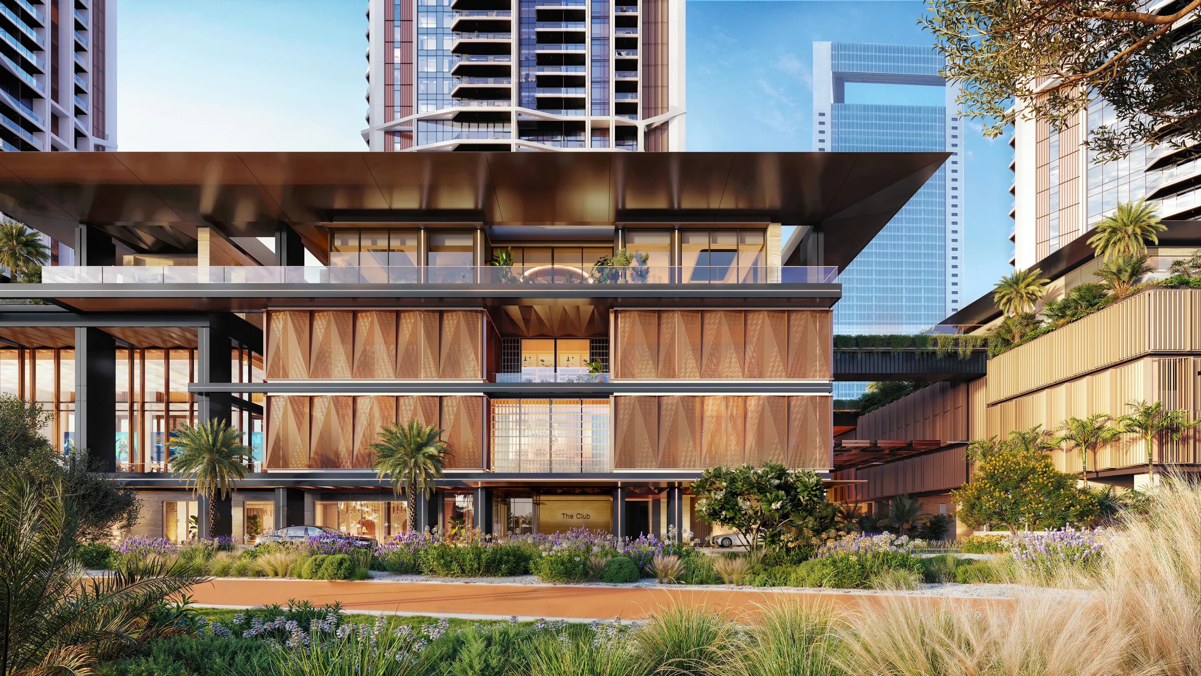Eltiera Views clubhouse and landscaped approach between the residential buildings