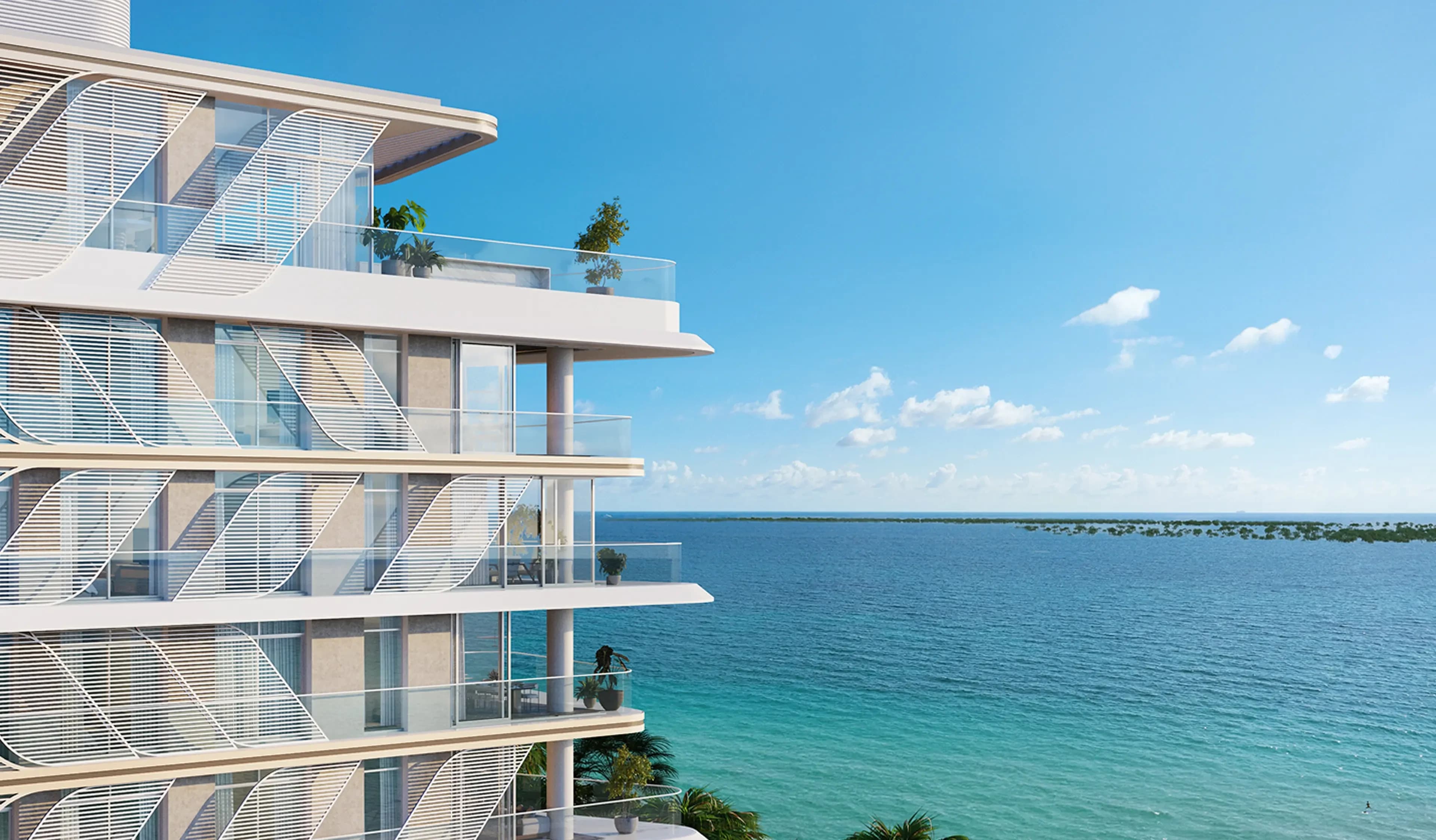 Curved balconies and shading screens at Fahid Beach Residences in Aldar's proposed design