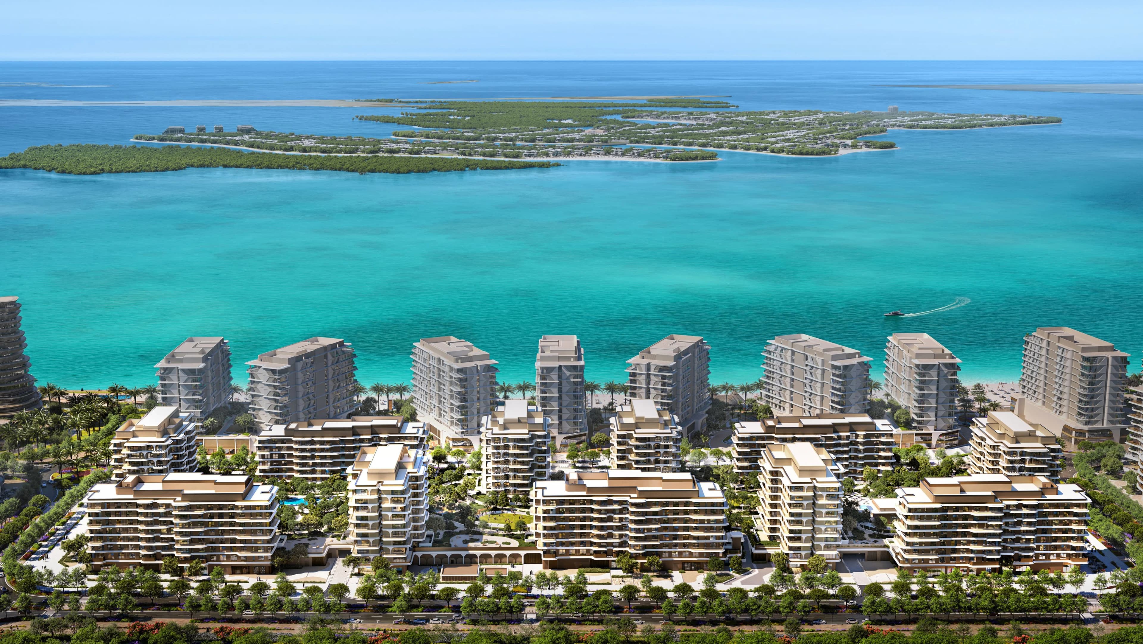 Aerial view of the planned Fahid neighbourhood, with The Beach House inland from the shoreline buildings