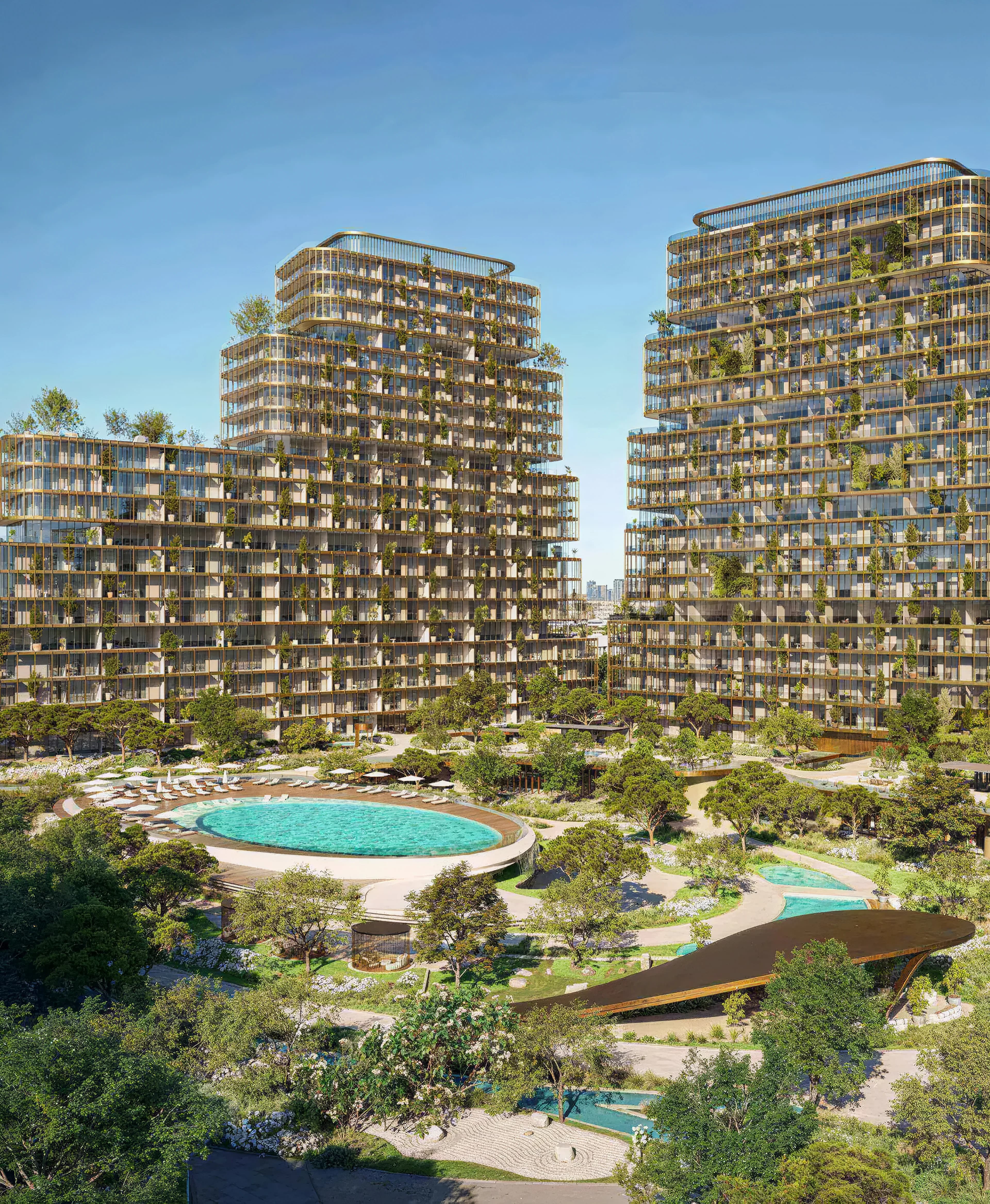 HADO towers around planted terraces and a shared pool