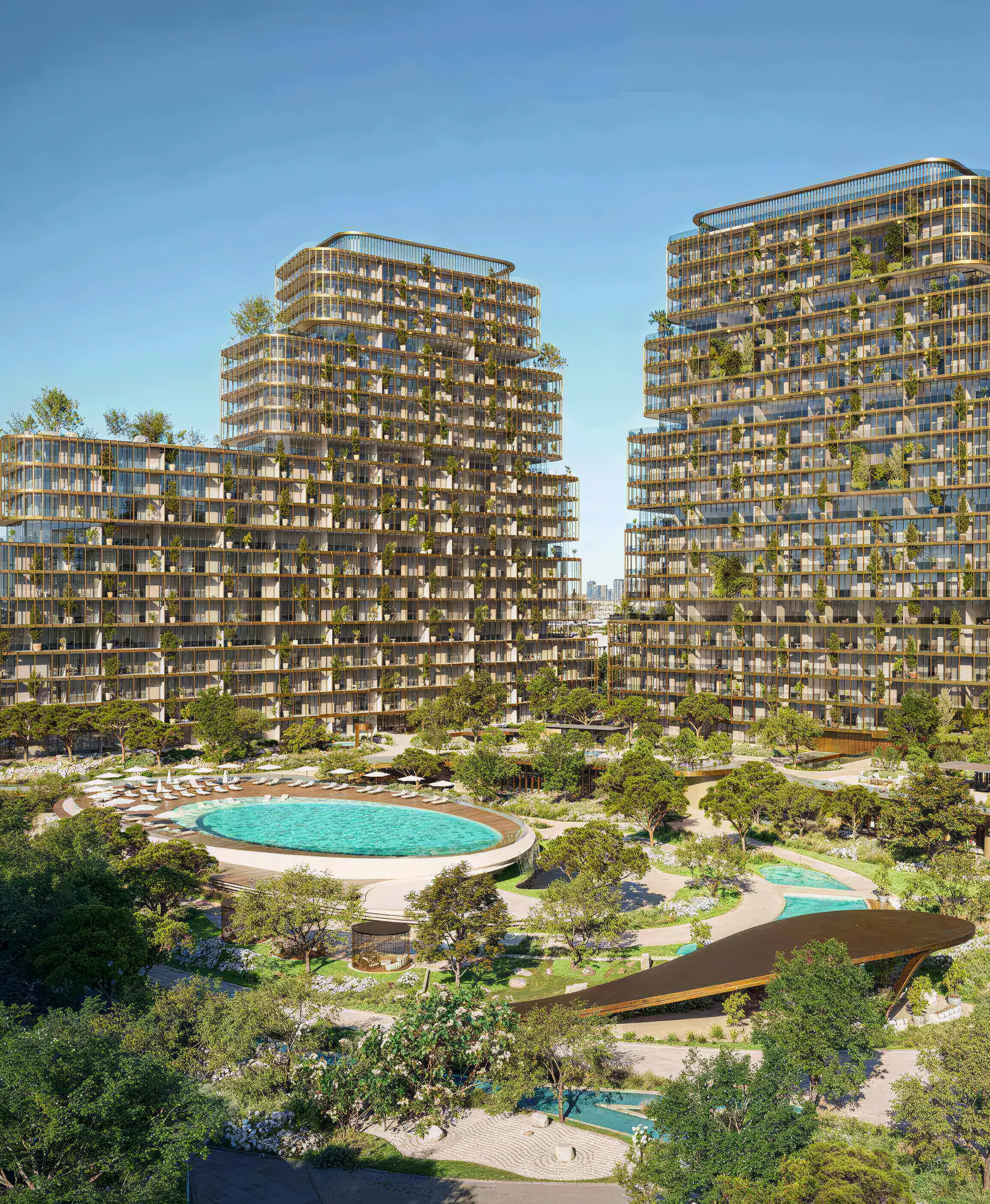 HADO towers around planted terraces and a shared pool