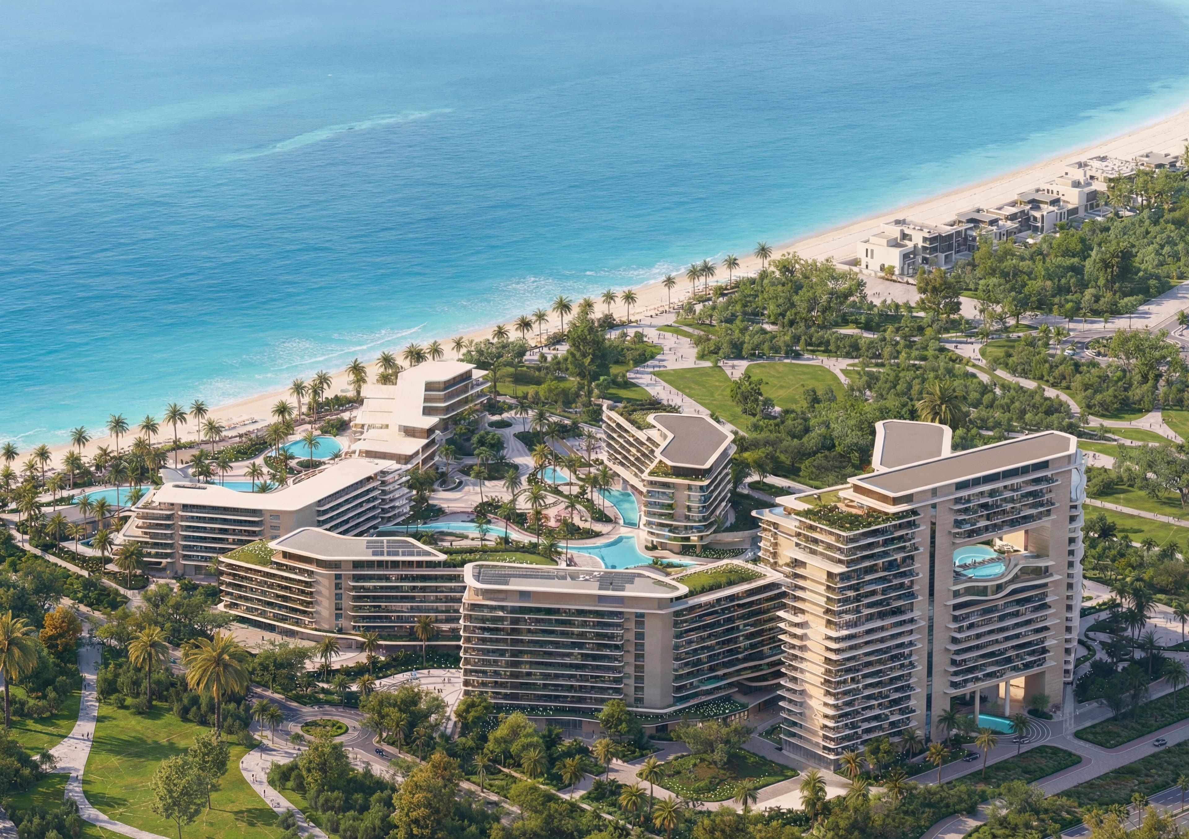 The Meriva Collection buildings, shared landscape and shoreline on Dubai Islands