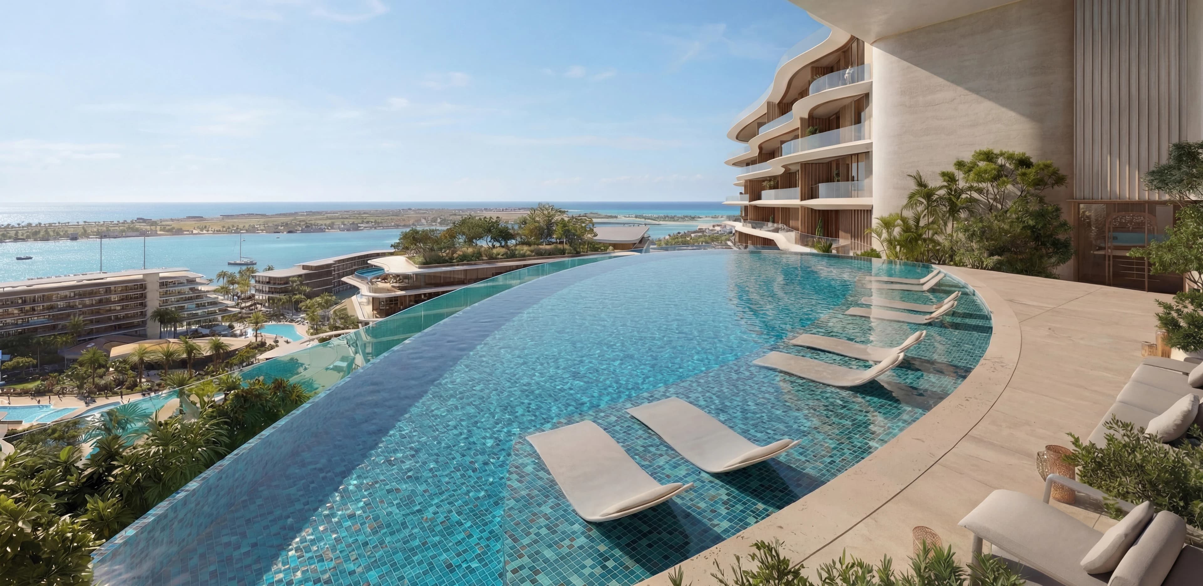 The proposed outdoor pool terrace at The Meriva Collection overlooking the water