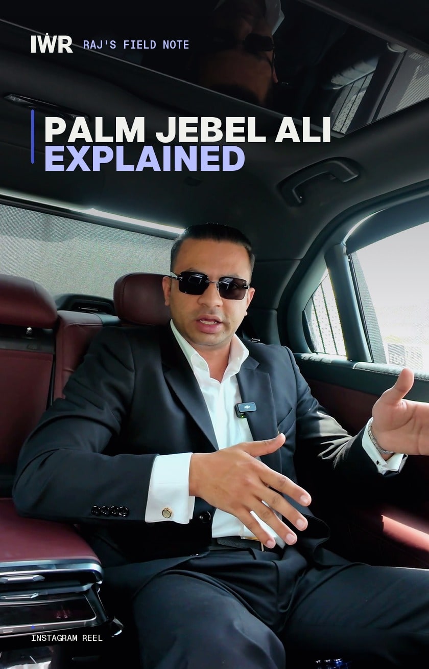 Palm Jebel Ali Explained cover with Raj speaking from a car and the waterfront masterplan behind him.
