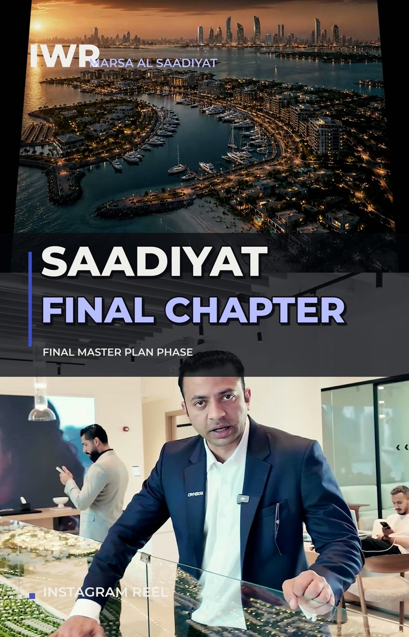Published Saadiyat Final Chapter Reel cover with an aerial masterplan and Raj on site.